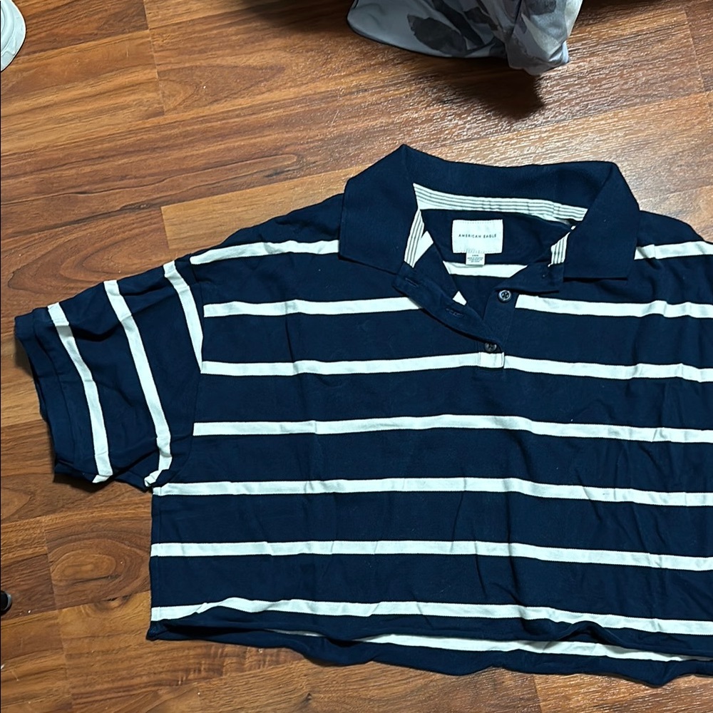 American Eagle Navy Blue Striped Polo Shirt